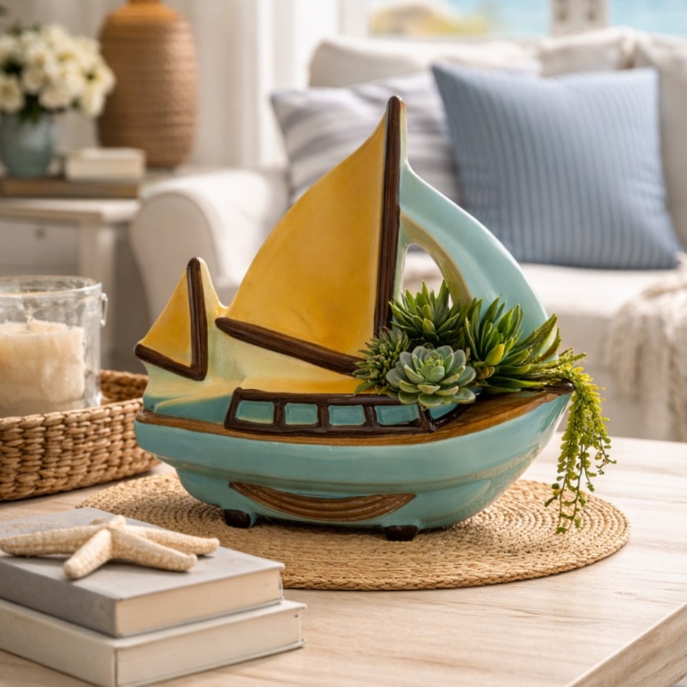 Vtg Relpo Japan Sailboat Planter Mid-Century Ceramic Nautical Decor Blue/Yellow